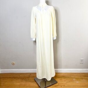 Vintage Paramount Pale Yellow Long Sleeve Nightgown Embroidered Satin Maxi M